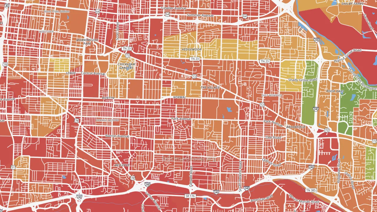 East Memphis-Colonial-Yorkshire, Memphis, TN Map of Burglary Rates