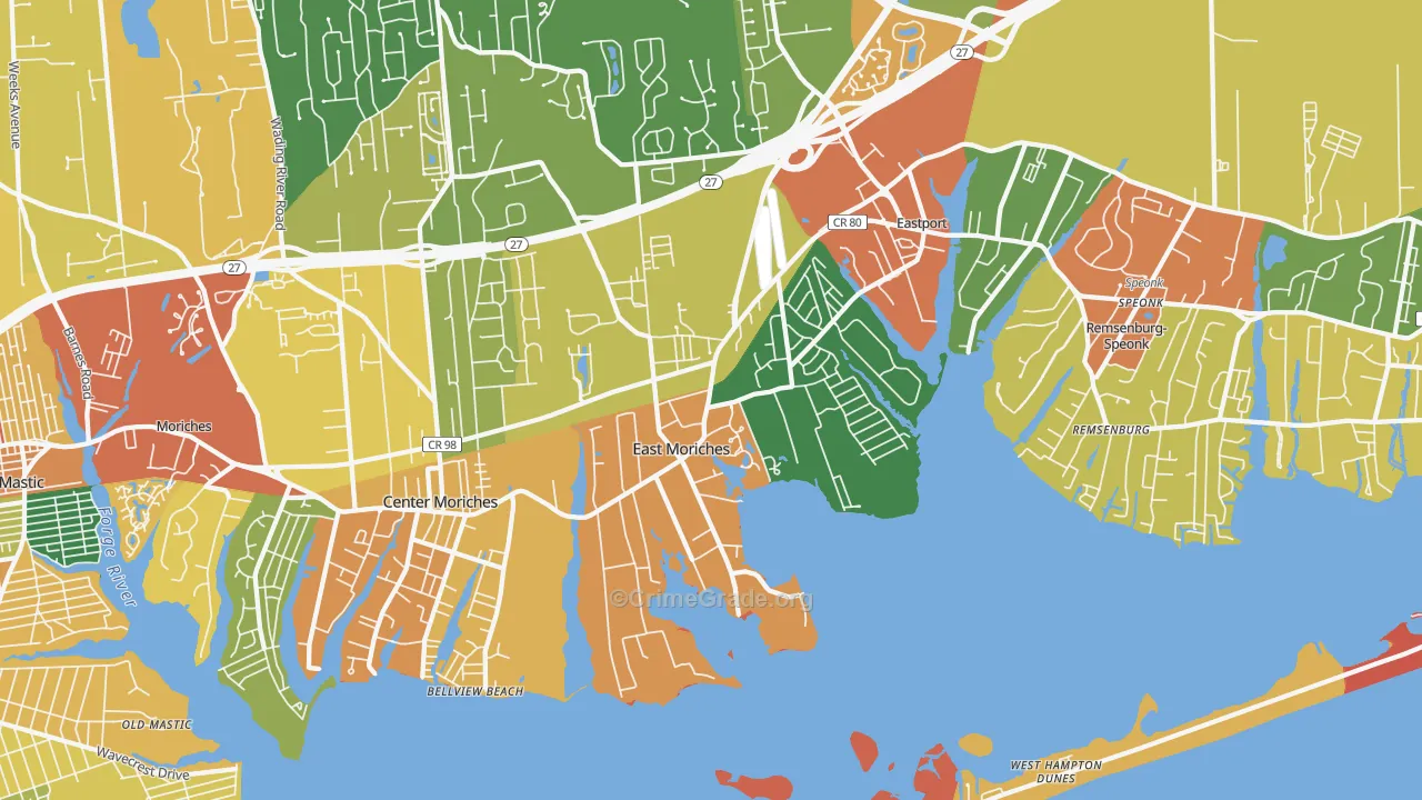 East Moriches, NY Map of Burglary Rates