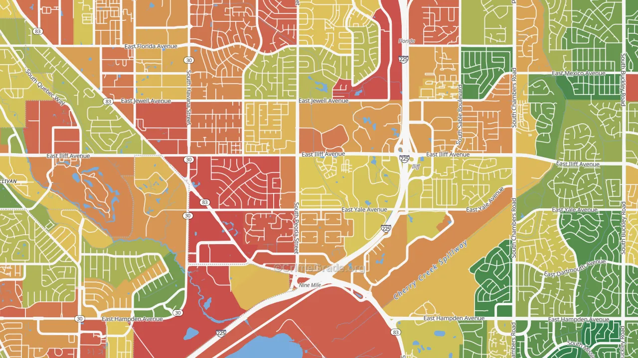 East Ridge-Ptarmigan Park, Aurora, CO Map of Burglary Rates