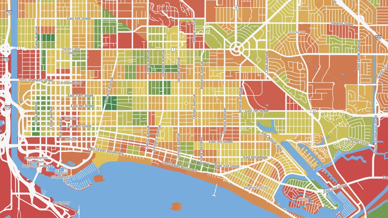 East Side, Long Beach, CA Map of Burglary Rates