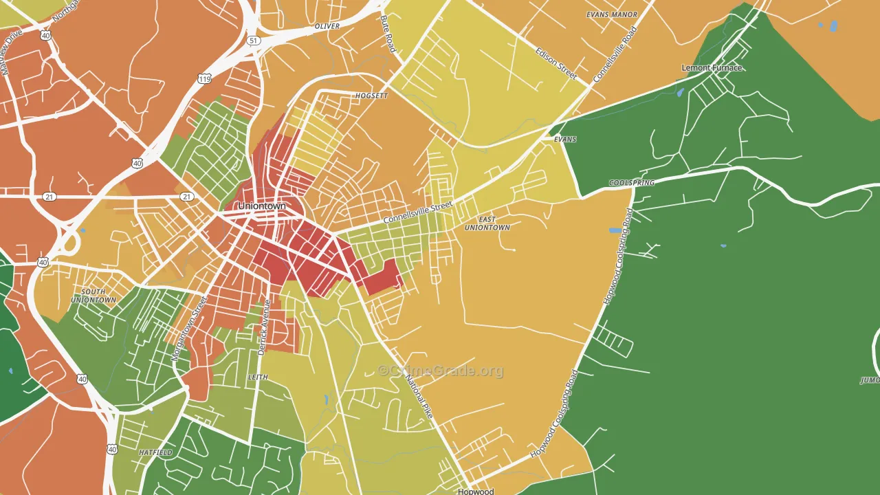 East Uniontown, PA Map of Burglary Rates