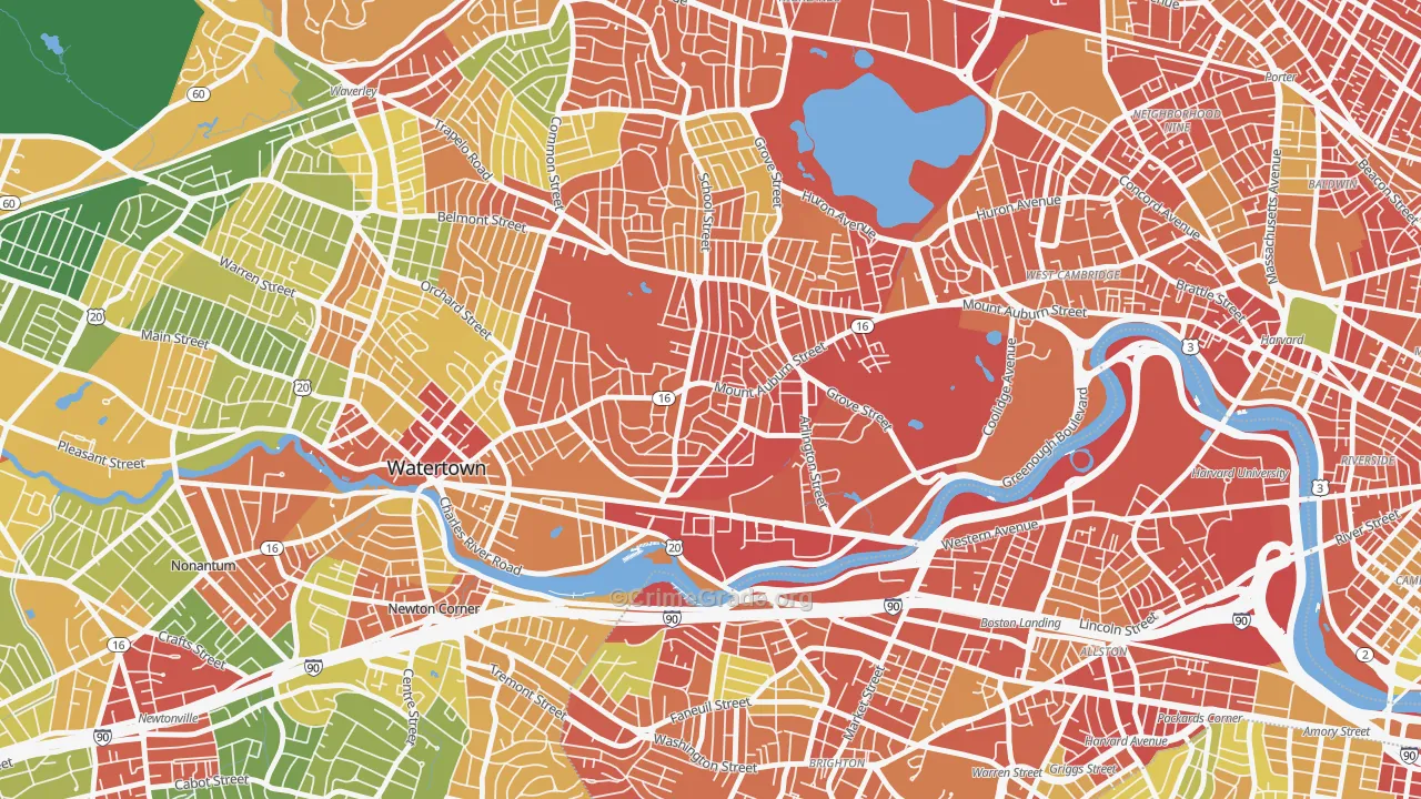 East Watertown, Watertown Town, MA Map of Burglary Rates