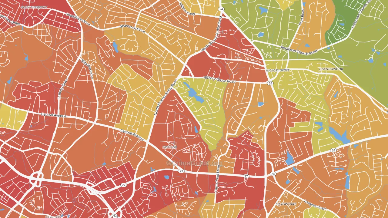 Eastland-Wilora Lake, Charlotte, NC Map of Burglary Rates