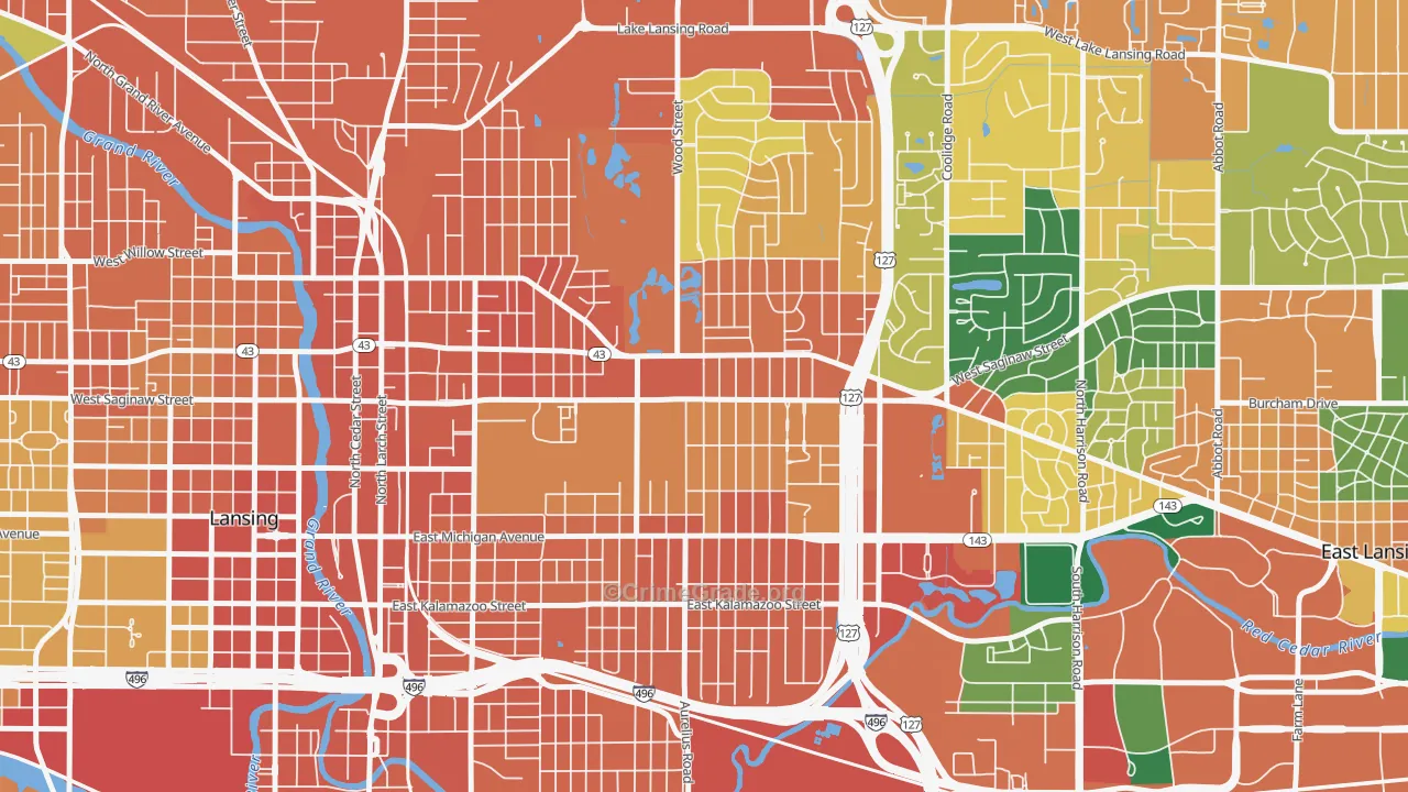 Eastside Lansing, Lansing, MI Map of Burglary Rates