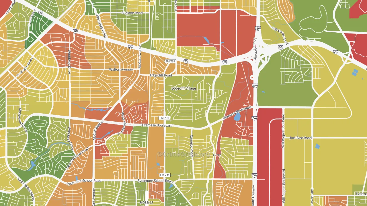 Edgecliff Village, TX Map of Burglary Rates
