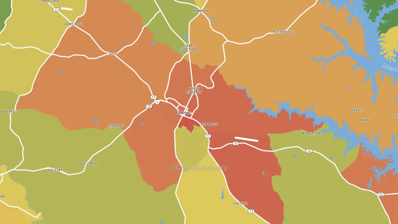 Elberton, GA Map of Burglary Rates