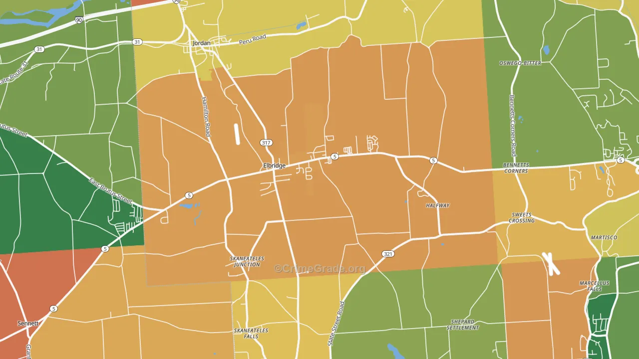 Elbridge, NY Map of Burglary Rates