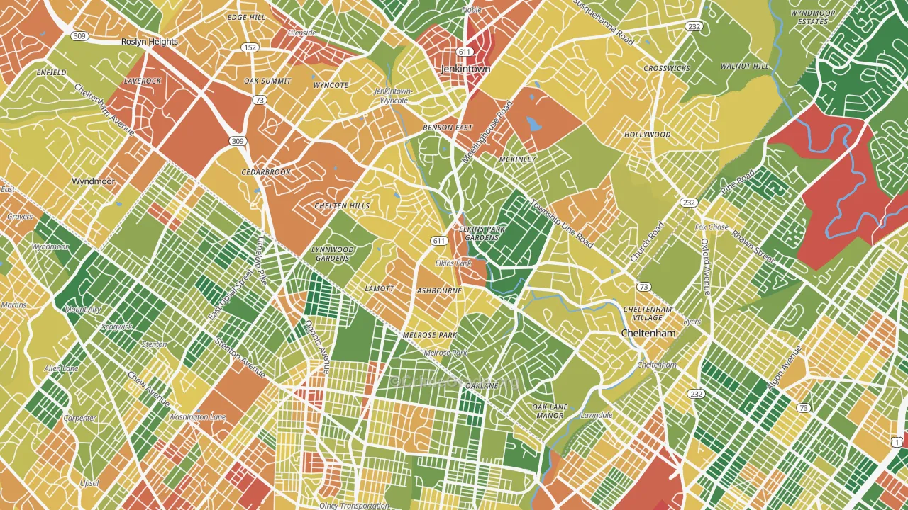 Elkins Park, PA Map of Burglary Rates