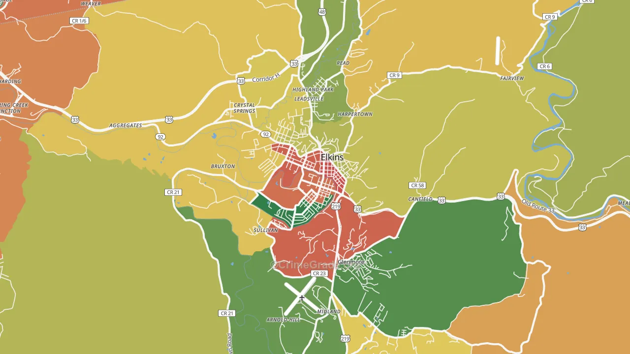 Elkins, WV Map of Burglary Rates