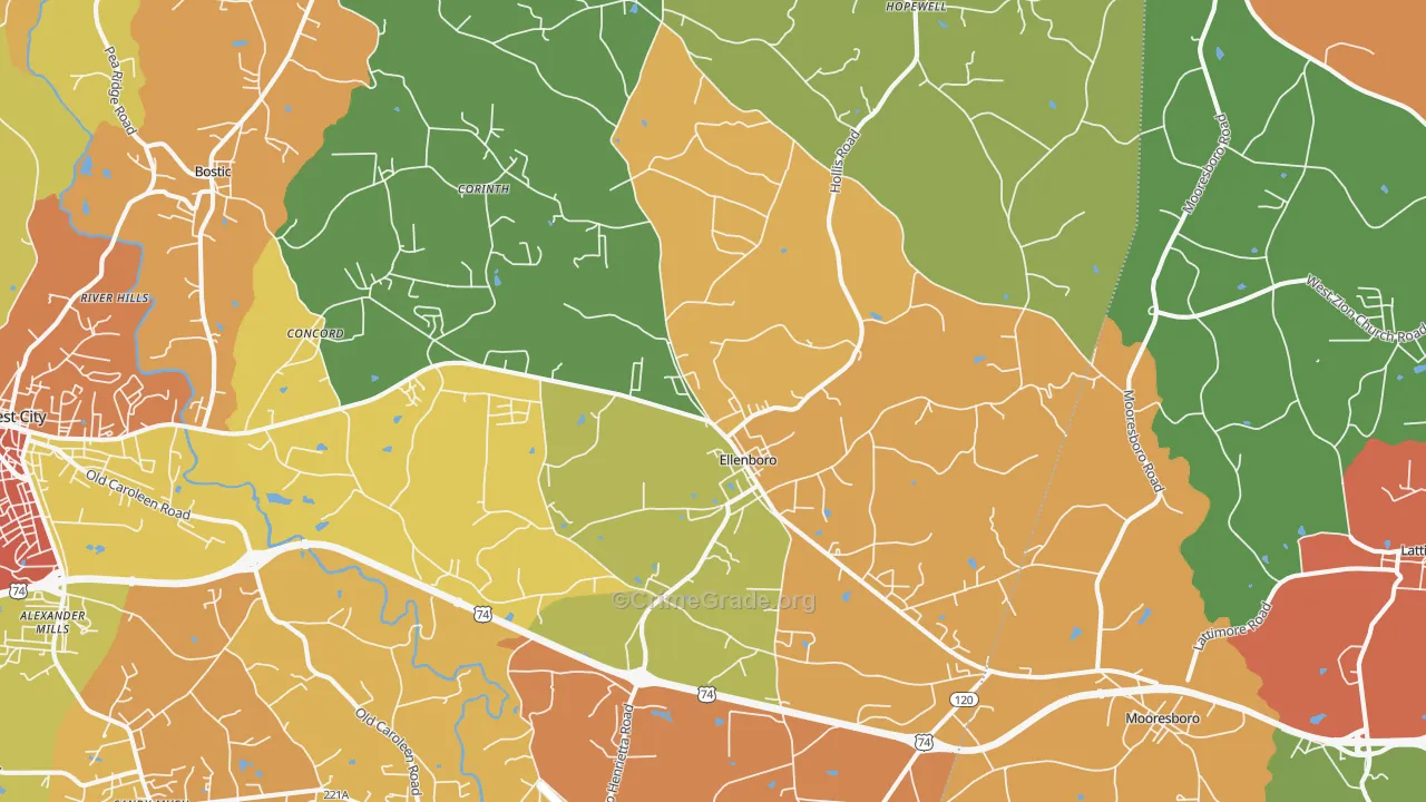 Ellenboro, NC Map of Burglary Rates