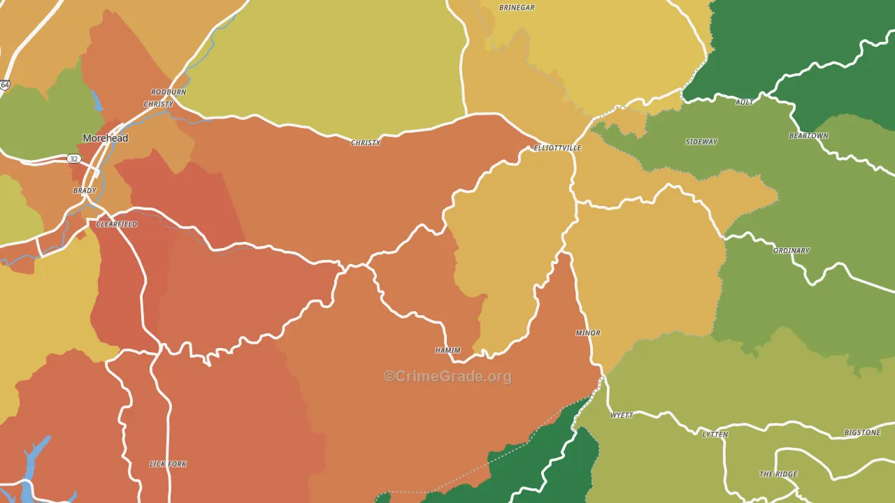 Elliottville, KY Map of Burglary Rates