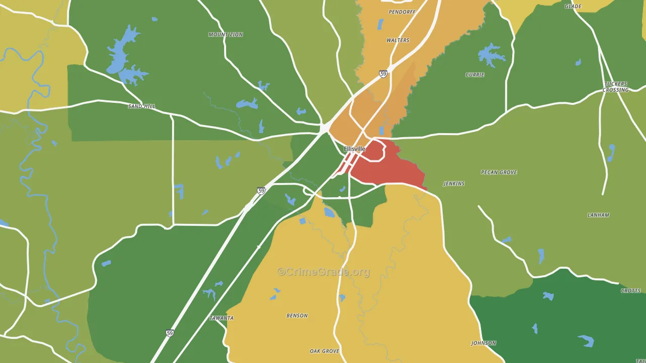 Ellisville, MS Map of Burglary Rates
