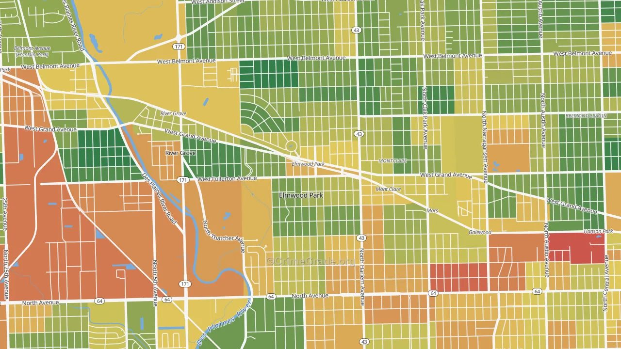 Ellsworth, Elmwood Park, IL Map of Burglary Rates