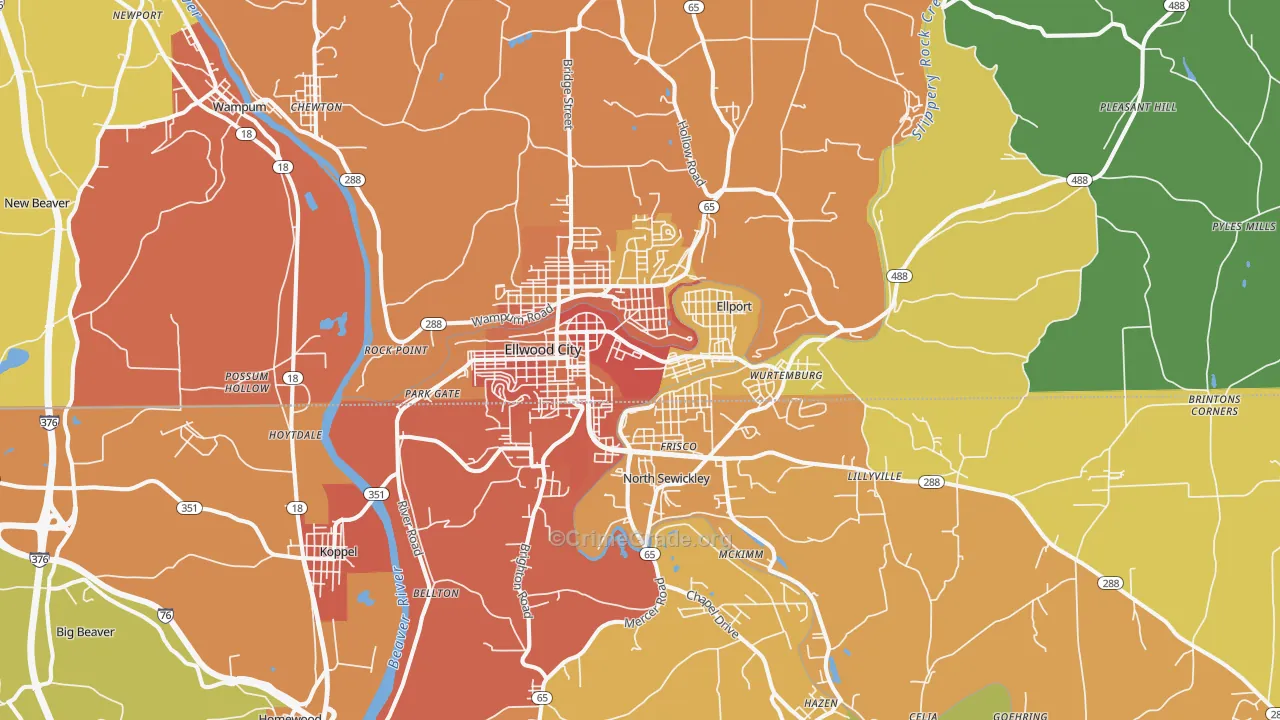 Ellwood City, PA Map of Burglary Rates