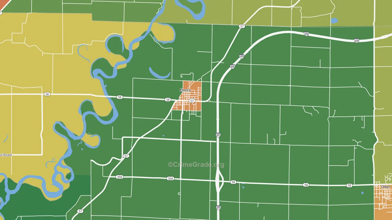 Elnora, IN Map of Burglary Rates