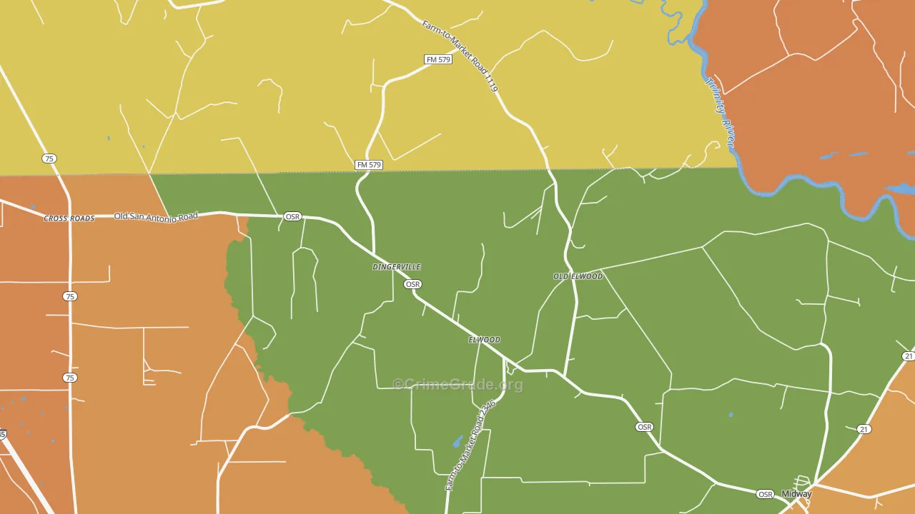 Elwood, TX Map of Burglary Rates