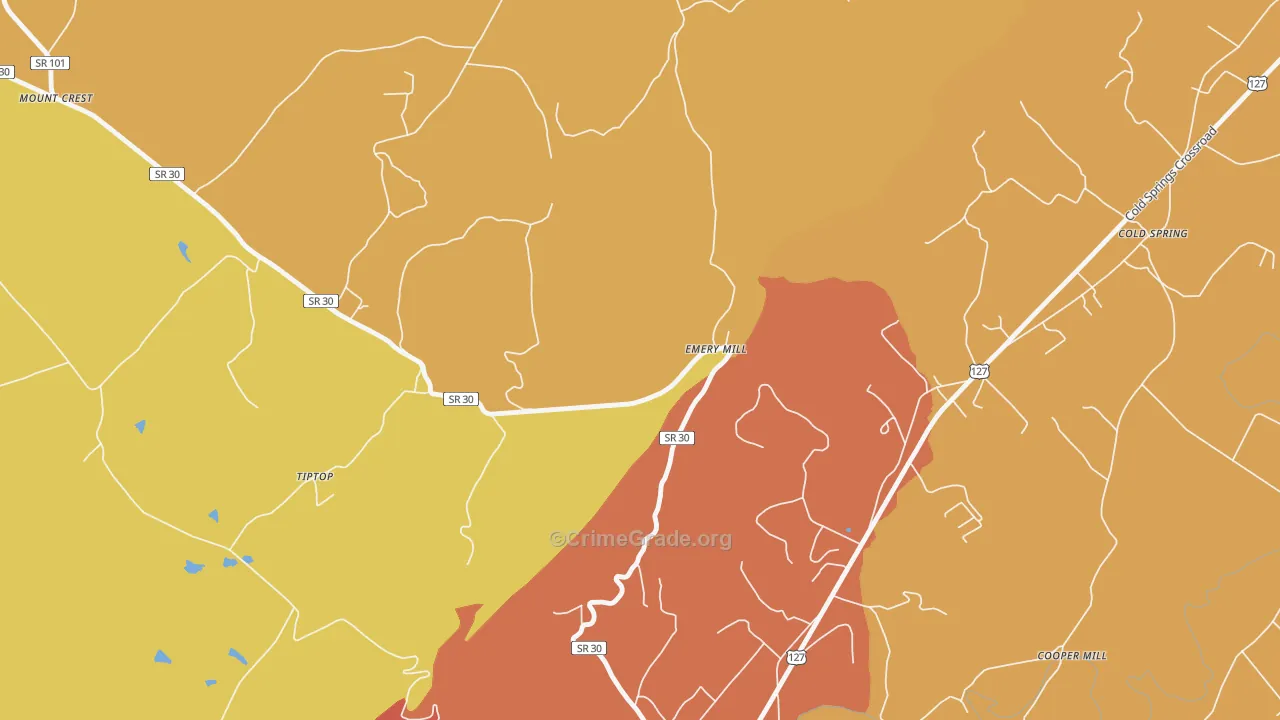 Emery Mill, TN Map of Burglary Rates