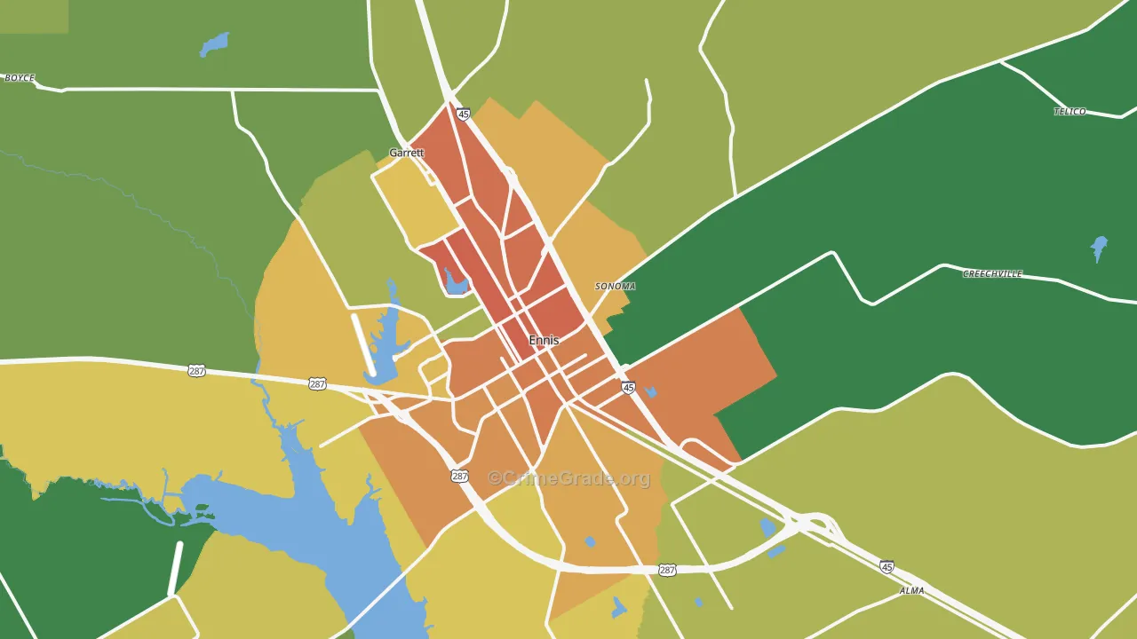 Ennis, TX Map of Burglary Rates