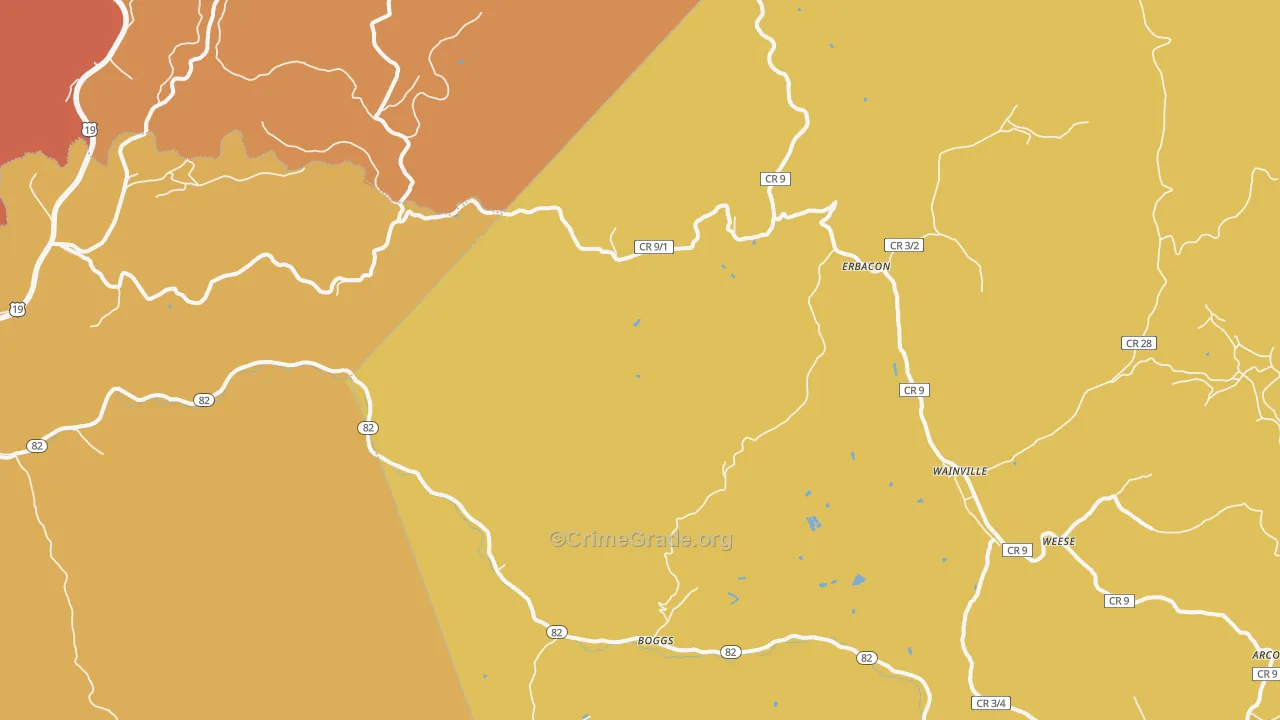Erbacon, WV Map of Burglary Rates