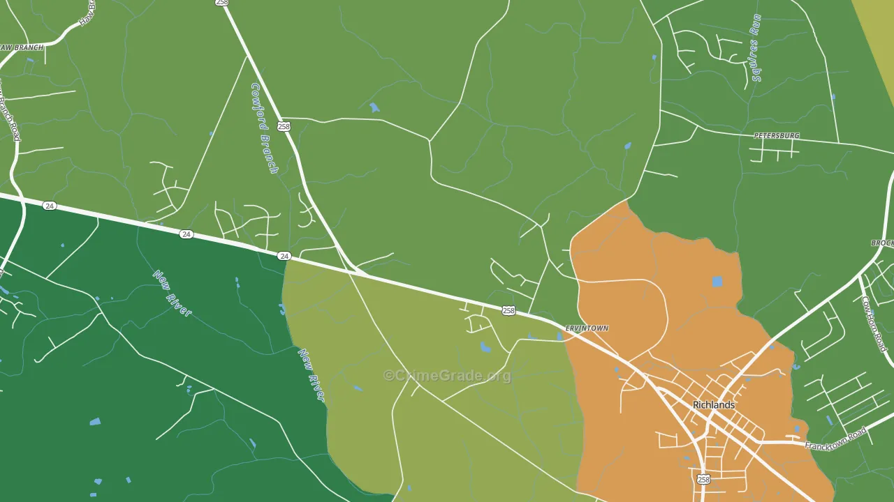 Ervintown, NC Map of Burglary Rates