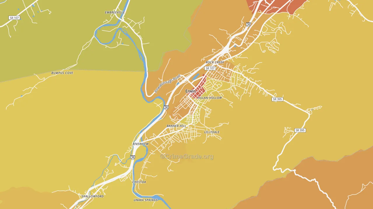 Erwin, TN Map of Burglary Rates