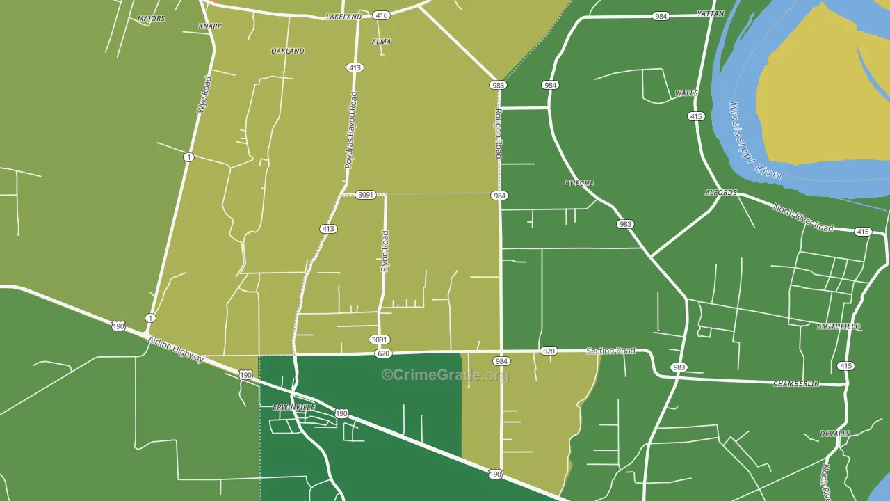 Erwinville, LA Map of Burglary Rates