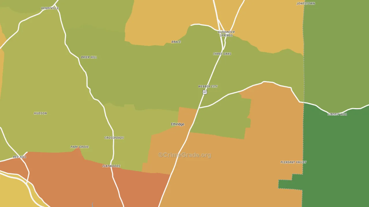 Ethridge, TN Map of Burglary Rates
