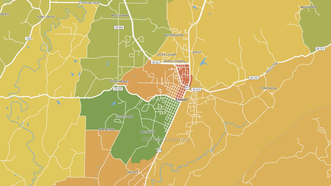Etowah, TN Map of Burglary Rates