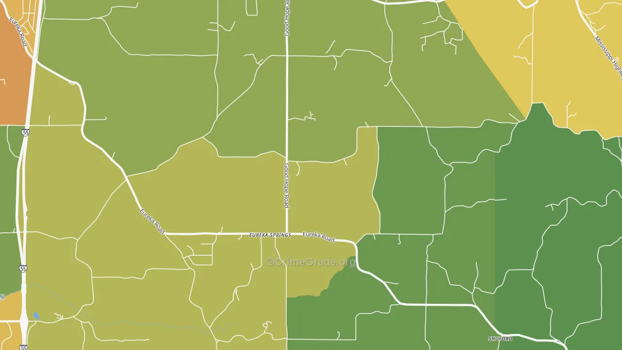 Eureka Springs, MS Map of Burglary Rates