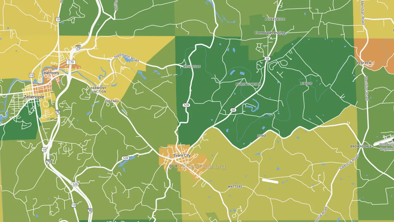 Evans City, PA Map of Burglary Rates