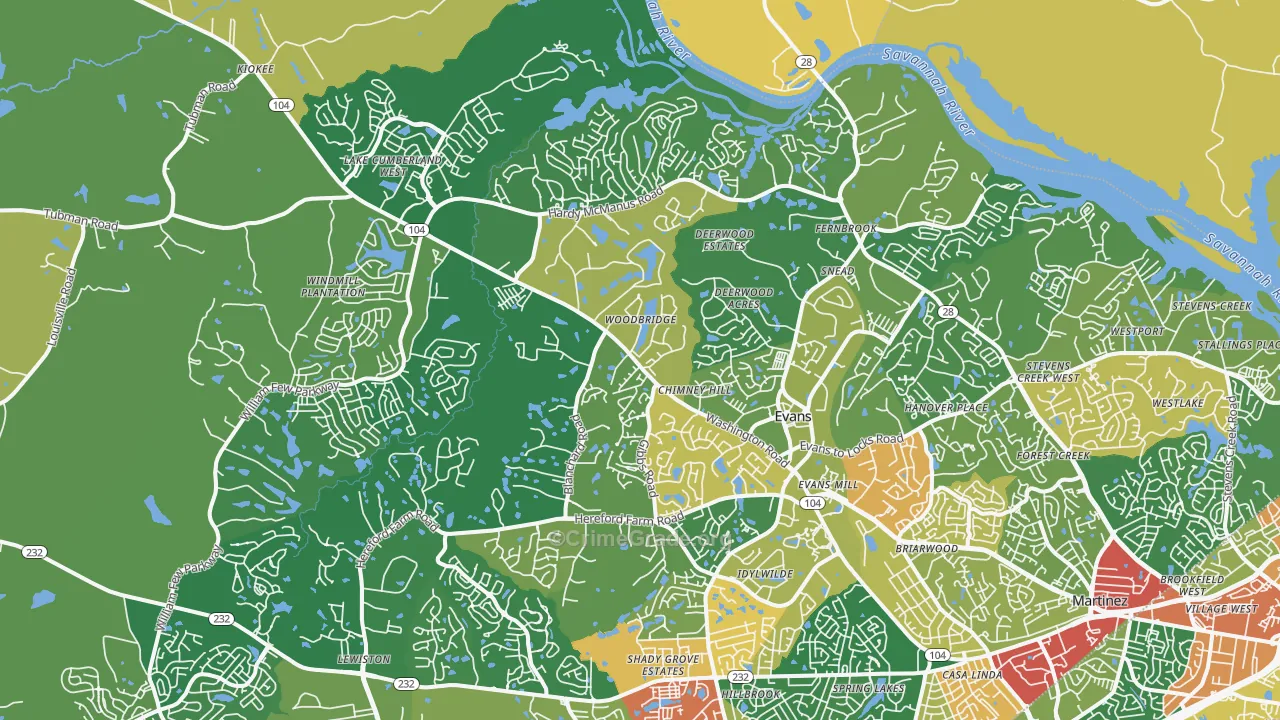 Evans, GA Map of Burglary Rates