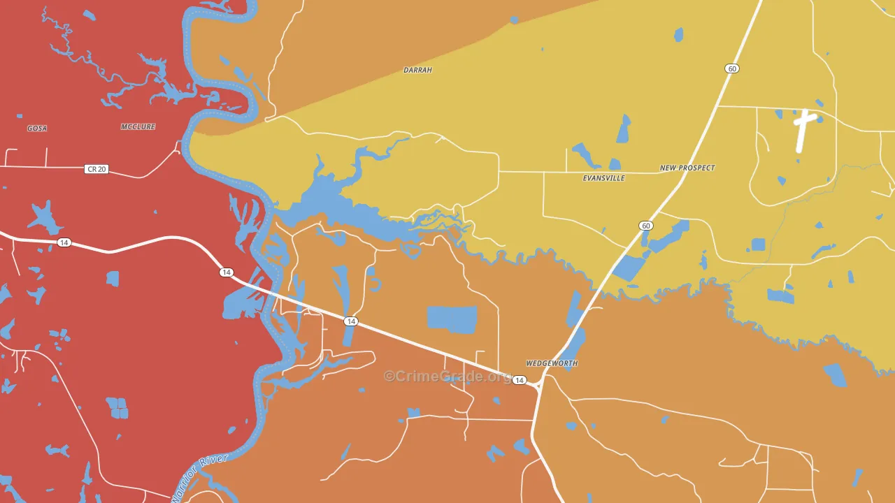Evansville, AL Map of Burglary Rates