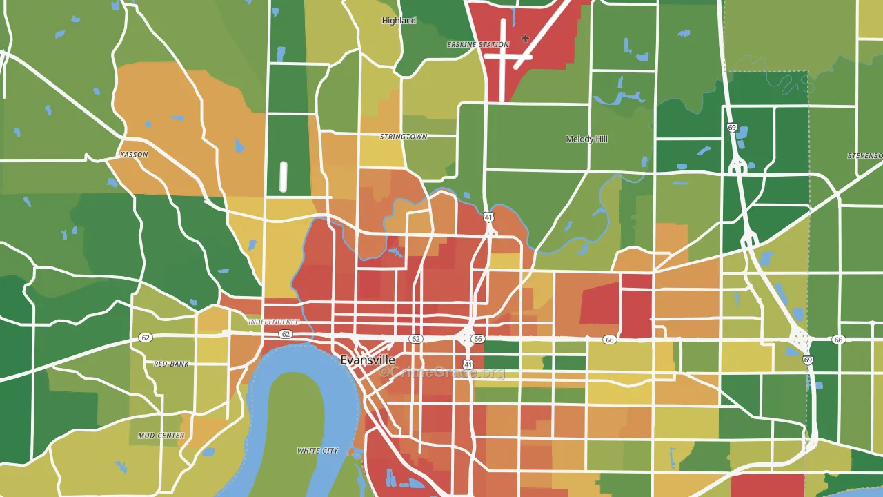 Evansville, IN Map of Burglary Rates