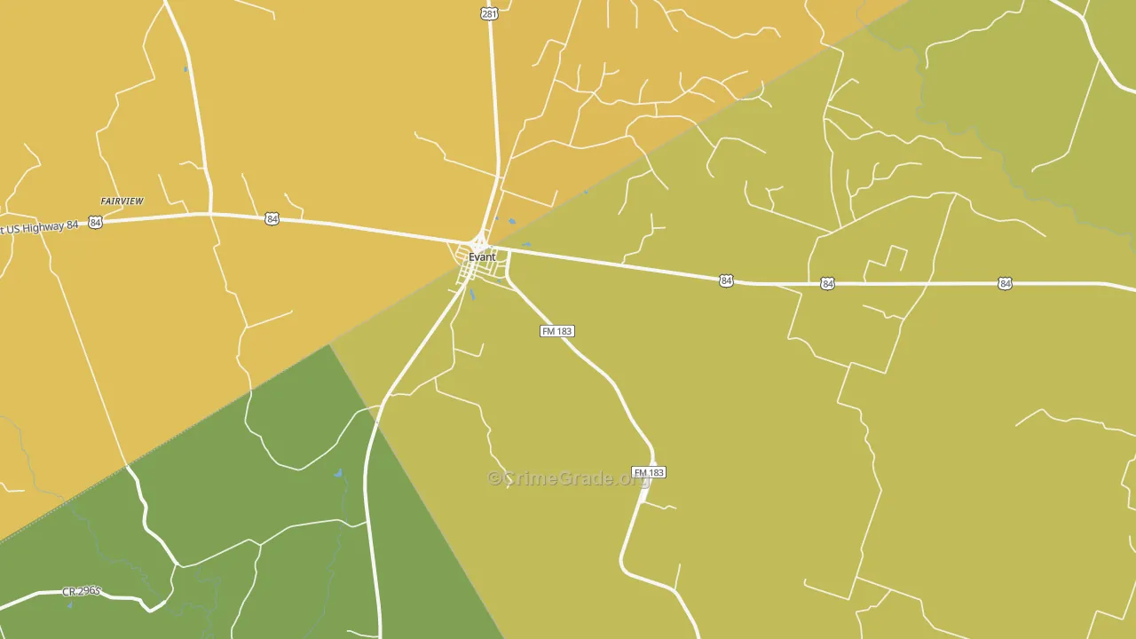 Evant, TX Map of Burglary Rates