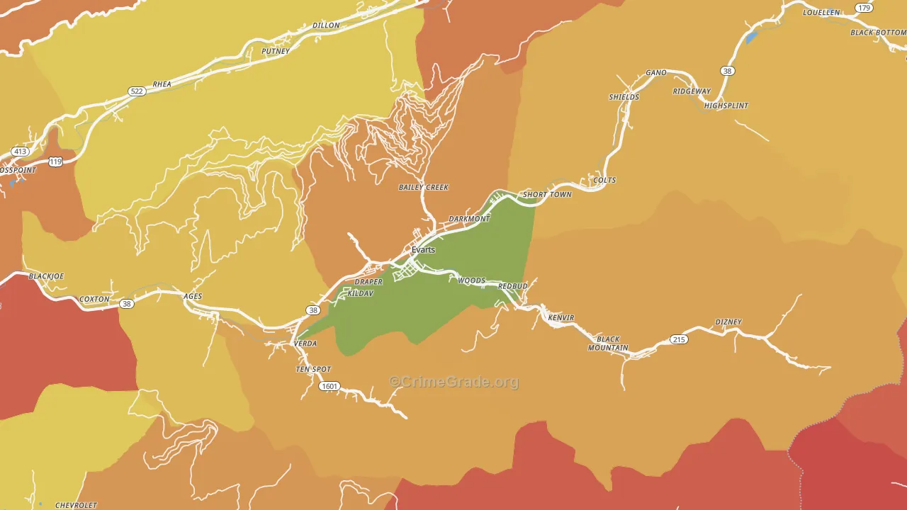 Evarts, KY Map of Burglary Rates