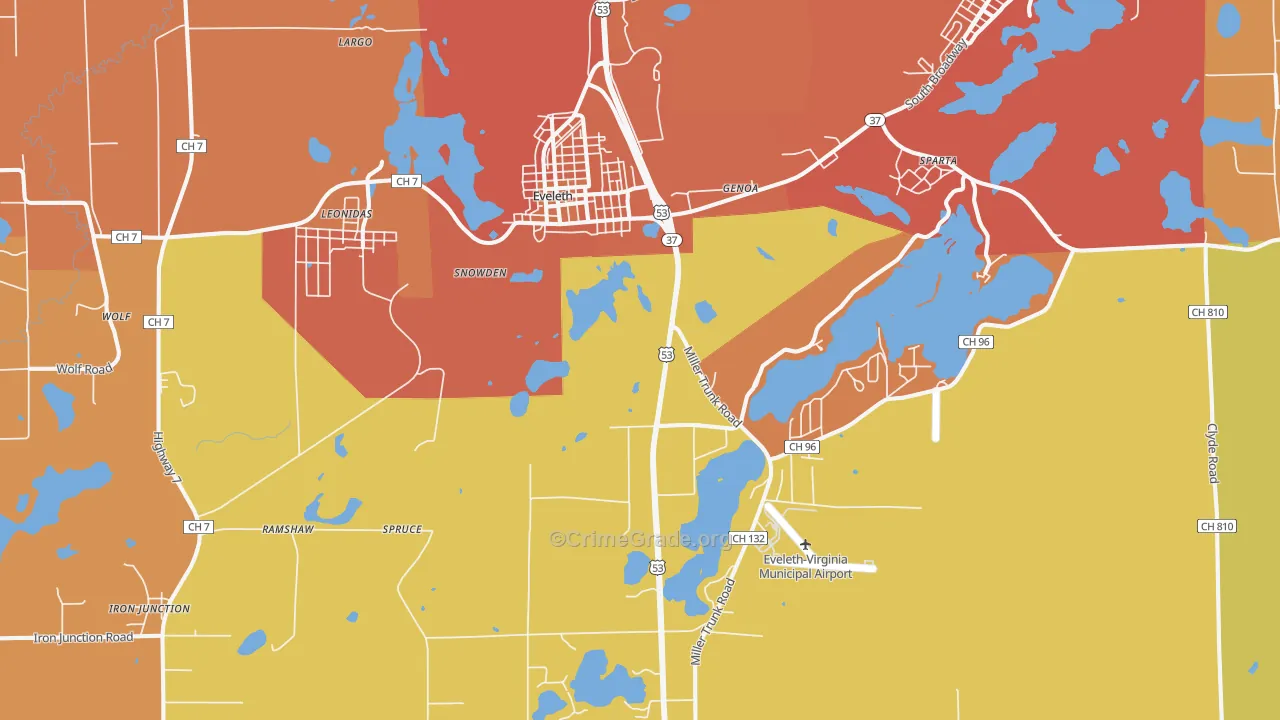 Eveleth, MN Map of Burglary Rates
