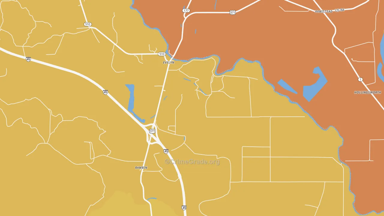 Evelyn, LA Map of Burglary Rates