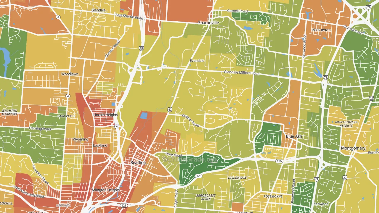 Evendale, OH Map of Burglary Rates