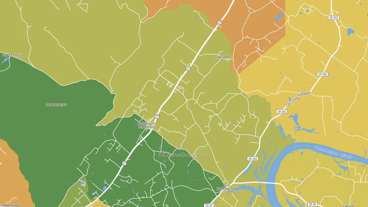 Evensville, TN Map of Burglary Rates
