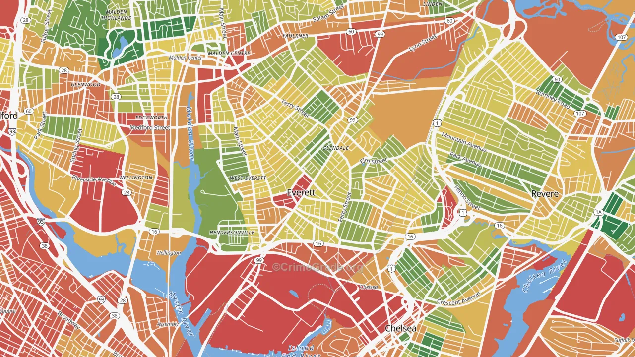 Everett, MA Map of Burglary Rates