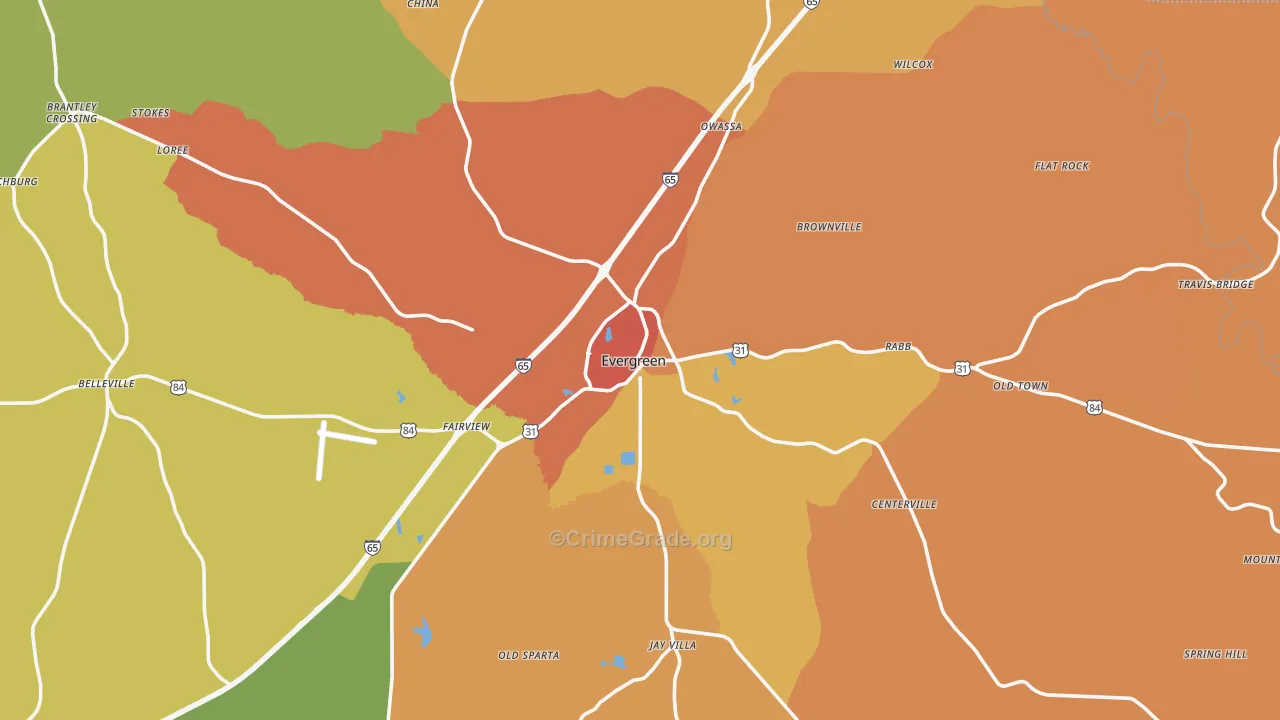 Evergreen, AL Map of Burglary Rates