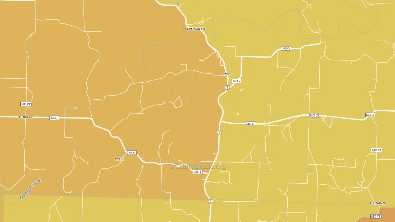 Evergreen, MO Map of Burglary Rates