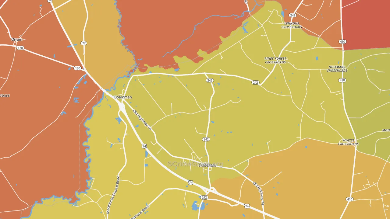 Evergreen, NC Map of Burglary Rates