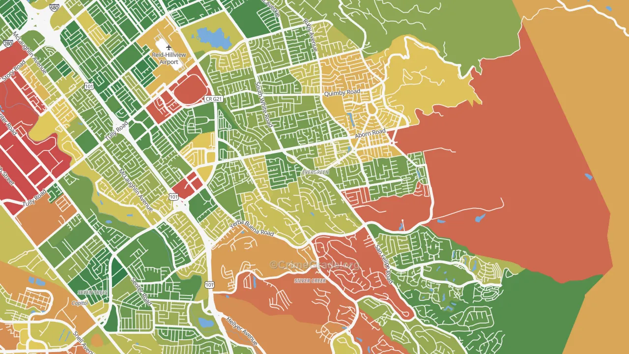 Evergreen, San Jose, CA Map of Burglary Rates