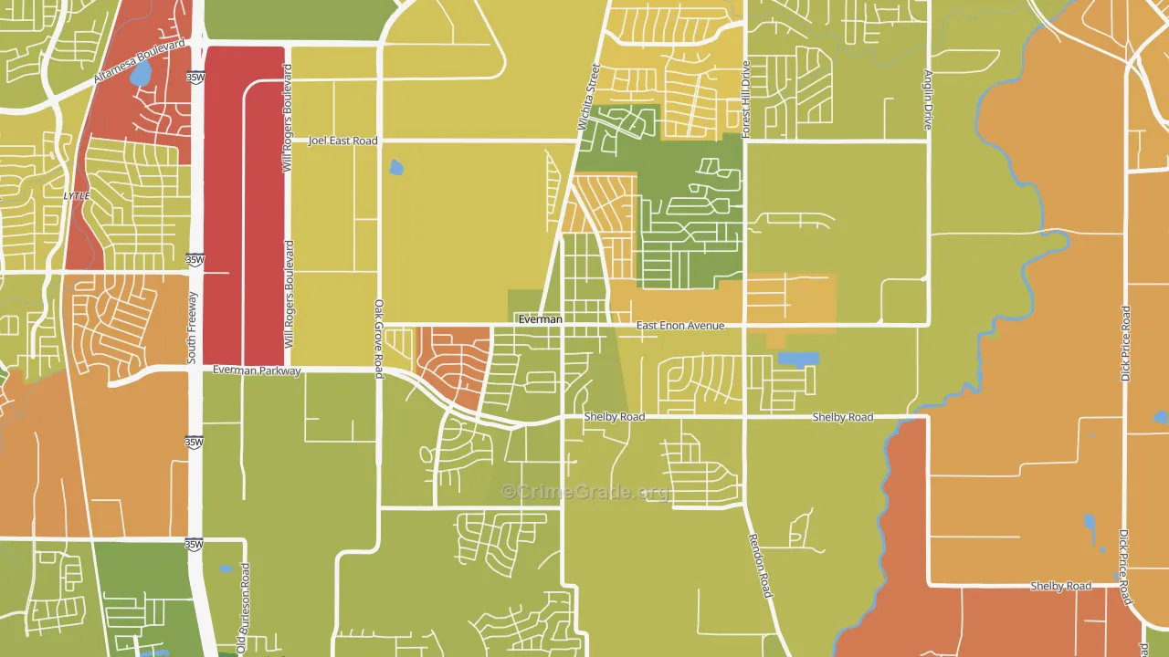 Everman, TX Map of Burglary Rates