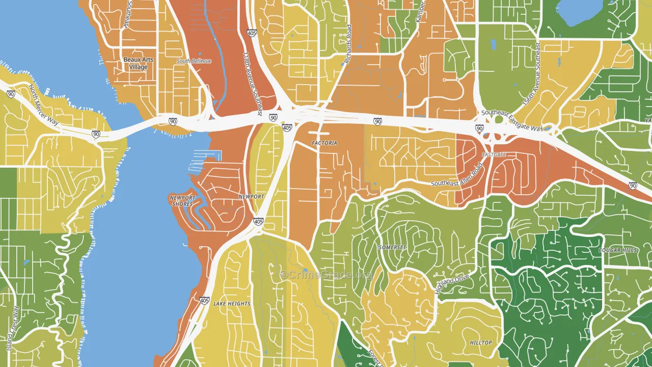 Factoria, Bellevue, WA Map of Burglary Rates