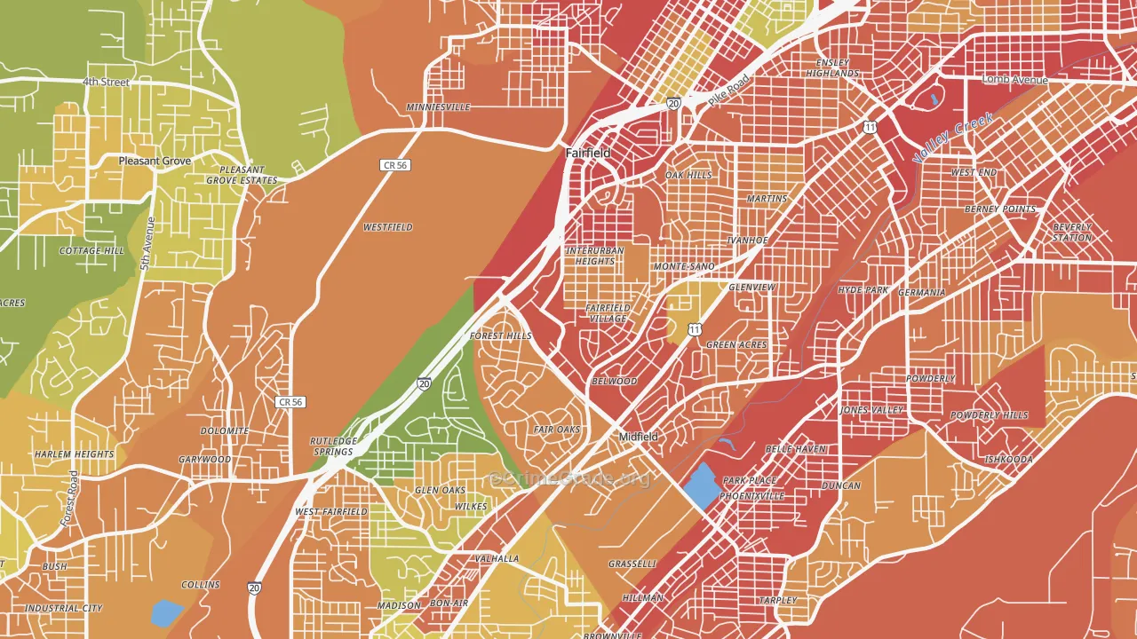 Fairfield, AL Map of Burglary Rates