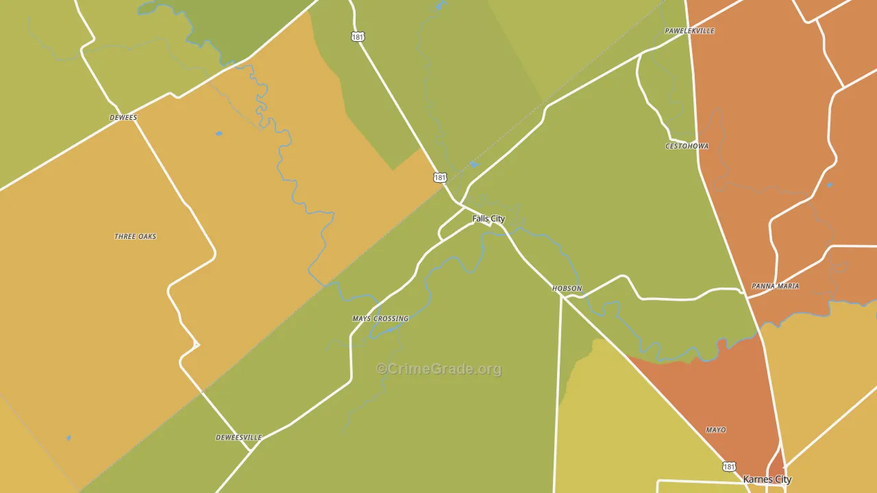 Falls City, TX Map of Burglary Rates
