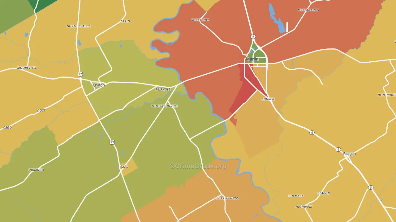 Falls County, TX Map of Burglary Rates