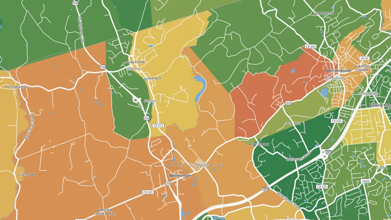 Far Hills, NJ Map of Burglary Rates